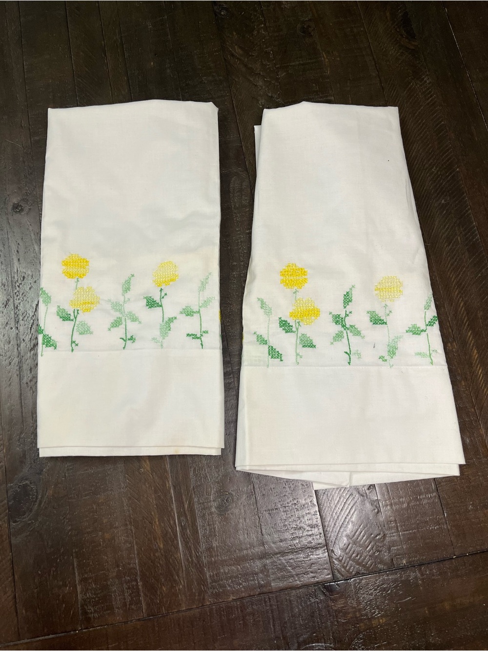 Set of Vintage Embroidered Yellow Floral Cotton pillowcase White and 42x36
